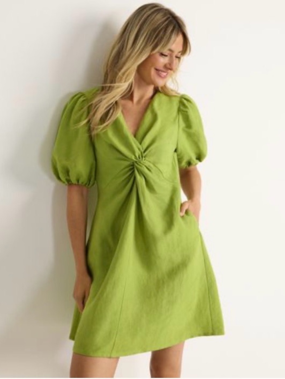 Lands End Green Knot-Linen above the knee Front Puff Sleeve Dress 16